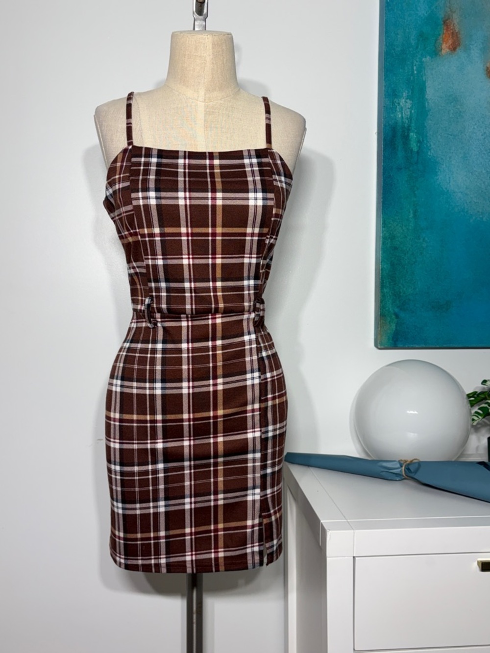 Brown Plaid Spaghetti Strap Mini Dress
